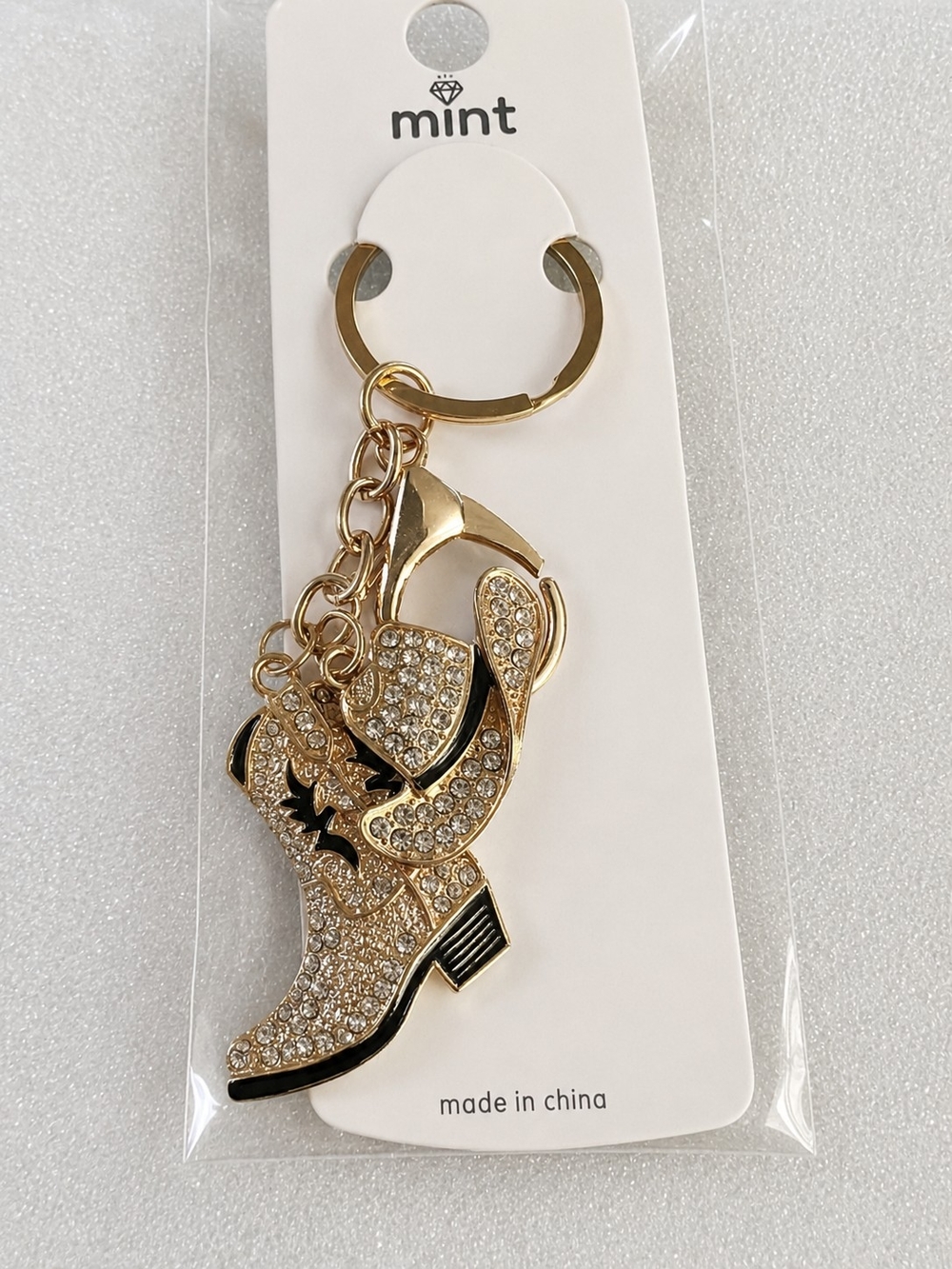 Mint Gold Rhinestone Cowboy Boot Keychain with Black Accents